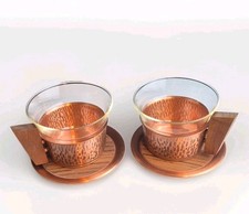 Vtg MCM JENAER GLAS Schott Mainz Copper Tea Cups Set Zebrawood Handles picture