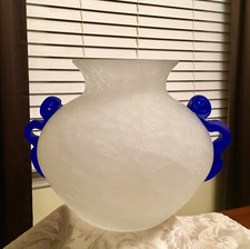 BEAUTIFUL STUDIO ART FROSTED WHITE CRACKLE VASE w/ APPLIQUÉ BLUE HANDLES picture
