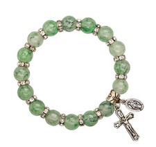 O L of the Miraculous Medal Green Marbled Glass Bracelet, New #Gftshp-150 picture