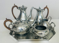 HAMMERED PERIOD PEWTER 6 PC TEA COFFEE SET CRAFTSMAN SHEFFIELD TRAY ART DECO picture