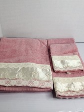 Vintage Cannon Pink Towel Set Bath Hand Wash Ivory Satin Lace Trim New Deadstock picture