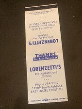 Vintage Illinois Matchbook “Lorenzetti’s Restaurant” East Hazel Crest picture