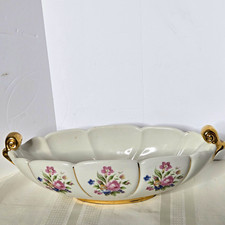 Vtg Abingdon Pottery Console Bowl White Floral Gilt Gold Scroll Handles 532 picture