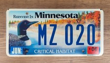 2006 Minnesota Critical Habitat LOON License Plate Tag  #MZ 020  Wildlife picture