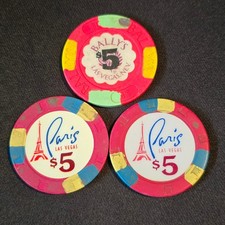 Vintage Obsolete Las Vegas $5 Casino Chips - Paris & Ballys - Sister Lot of 3 A+ picture