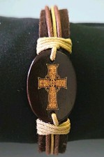 Irish Celtic Cross  Bracelet Brown Faux Leather Adjustable Bracelet picture