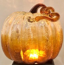 Crackle Glass Pumpkin, Hand Blown Amberina, Applied Stem, 9” picture