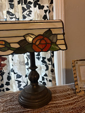 Stained Glass Floral Table Lamp Rectangle Shade Pull Chain Metal Base picture