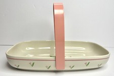 TELEFLORA 1985 Ceramic Porcelain Basket Pink Floral Design w/ Pink Metal Handle picture