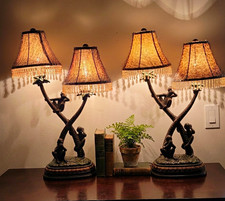 Pair Three Wise Monkeys Table Lamps Hear See Speak No Evil Leopard  Shades 27