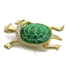 Vintage Style Turtle Brooch Pin Green Enamel Gold Tone Rhinestone *Missing Eye* picture