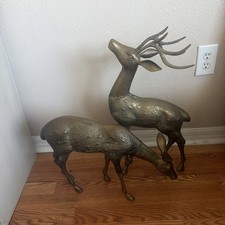 Pair of Vtg Large Spotted Solid Brass Deer Statues Heavy Buck & Doe Patina READ picture
