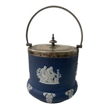 Wedgwood Blue JASPERWARE Antique Biscuit Barrel Jar &  Silverplate picture