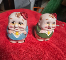 Tweedle Dee Tweedle Dum Ceramic Salt Pepper Shakers Pair 2pc w/ Cork Stop Japan picture