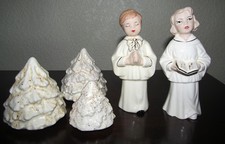 Vintage 1980s Choir Singers and Sparkly Trees Figurines 24 Kt Gold Trimmed picture