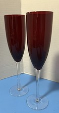 Set of 2 Ruby Red Clear Stemmed Champagne Flutes Glass Set Barware 9 3/4”H picture