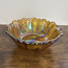 Indiana Carnival Glass Wild Rose Leaf Amber Marigold Fruit Deep Bowl Vintage 9” picture