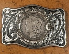 Vintage Western Belt Buckle Authentic 1880 Morgan Silver Dollar Coin Ornate picture