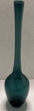 Vintage Teal Green Glass Bud Vase with Bulbous Lower Body Delicate 11” Tall picture