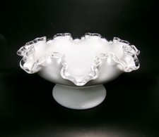Vintage FENTON Silvercrest Ruffled Edge Milk Glass MCM Pedestal Bowl Dish picture