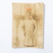 Vintage Snapshot Photo Little Girl with Pink Bow Hand Colored Candid picture