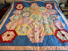 Vtg Grandmother’s Feedsack & Calico Flower Garden Quilt Handmade 71 x 78  picture