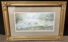 Vtg 1984 Sage Green Swans Lake HOMCO Picture Gold Framed Glass  Cottage Core picture