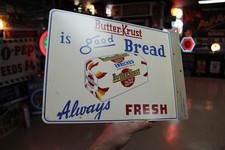 RARE 1950s BUTTER-KRUST BREAD PAINTED METAL 2-SIDED FLANGE SIGN CORN FARM picture