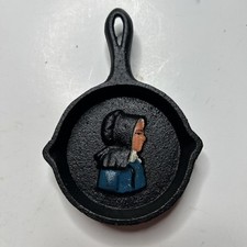Vintage Cast Iron 3D Painted Miniature Skillet Pan Amish Woman ￼ picture