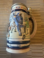 VINTAGE 1984 Avon Baseball Stein by Ceramarte Evolution of the Game w Pewter Lid picture