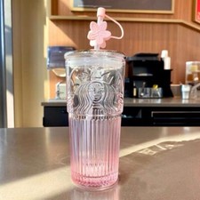 Starbucks Glass Cup Pink Gradient Sakura Tumbler Cherry Blossom Topper New picture