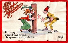 It's Leap Year, Old Maid Chases Man, Dwig Signed 1912 Humor Postcard picture