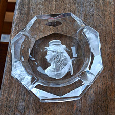 VTG Clear Crystal Octagonal Paperweight Ashtray Etched Egyptian Portrait picture