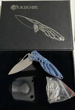 Rike Mini Hummingbird Folding Knife Blue Titanium Handle Rose Damascus new picture