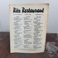 Vtg c.1950s THE RITZ Restaurant Menu - Schenectady, NY picture