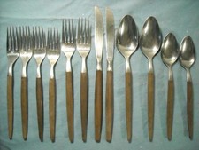 12 PC. EKCO ETERNA STAINLESS FLATWARE SILVERWARE FOR 2, CANOE MUFFIN FAUX WOOD picture