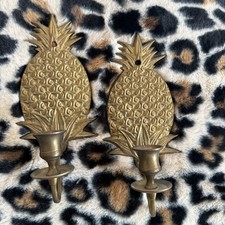 Vtg Mid-Century Solid Brass Pineapple Sconce Wall Candle Holders, 9.5” picture
