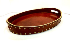 MCM LEATHER STUDED OVAL WOODEN TRAY CARRYING HANDLES 16.75