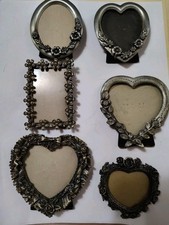 Six Vtg Victorian Style Pewter Heart Roses Miniature Heart Picture Frames Lot  picture