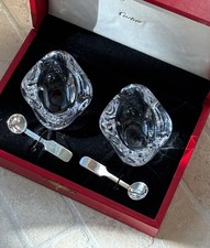 CARTIER CRYSTAL SALT + PEPPER CELLARS WITH STERLING SILVER SPOONS picture