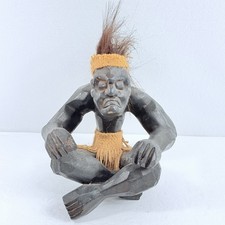 VTG Hand Carved Wood Tribal Figure Real Hair Grass Skirt Seated Warrior Statue picture