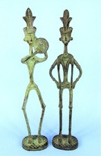 BRONZE INDIA DHOKRA MUSICIAN STATUES PRIMITIVE TRIBAL SCULPTURE PAIR picture