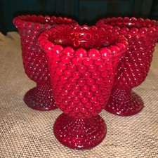 3 Vintage Ruby Red Glass Hobnail Pedestal Votive Candle Holder 4” Tall picture