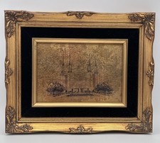 Vintage Black Velvet Ornate Framed c1970s Washington DC LDS Temple Gold Foil Art picture