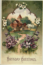 Vintage Victorian Postcard 1910 Birthday Greetings - Violets on a green card picture