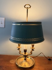 French Empire Style Bouillotte Brass 3 Arm Table Lamp Green Tole Shade & Arrow picture