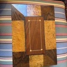 ANTIQUE AMERICAN 19C VENEER WALLPAPER LINED LADY JEWELRY BOX Hardwood Veneers.  picture