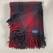 Vtg Pendleton Plaid Camp Stadium Blanket Red Black 70x50 100% Wool Fringe picture