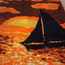 Vintage Latch Hook Rug Tapestry Wall Hanging Sailboat 46