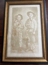 ANTIQUE PHOTOGRAPH ON CLOTH 1914 TWO BROTHERS FRAMED picture